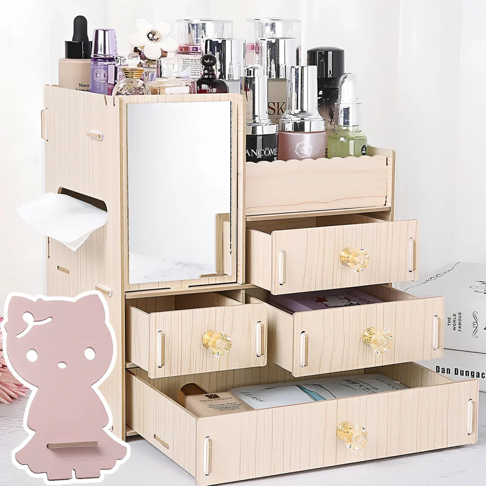Wooden cosmetic storage box with six compartments and one drawer, cartoon pattern, 25cm wide