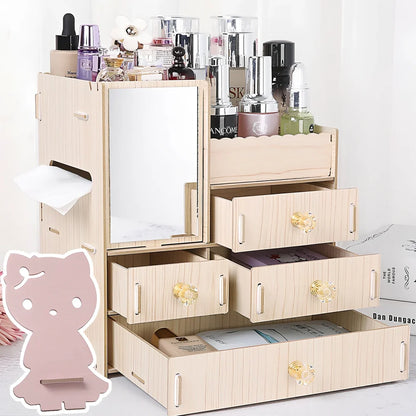 Wooden cosmetic storage box with six compartments and one drawer, cartoon pattern, 25cm wide