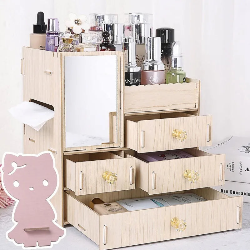 Wooden tabletop cosmetic storage box with internal compartments shown in a selection of colour options.