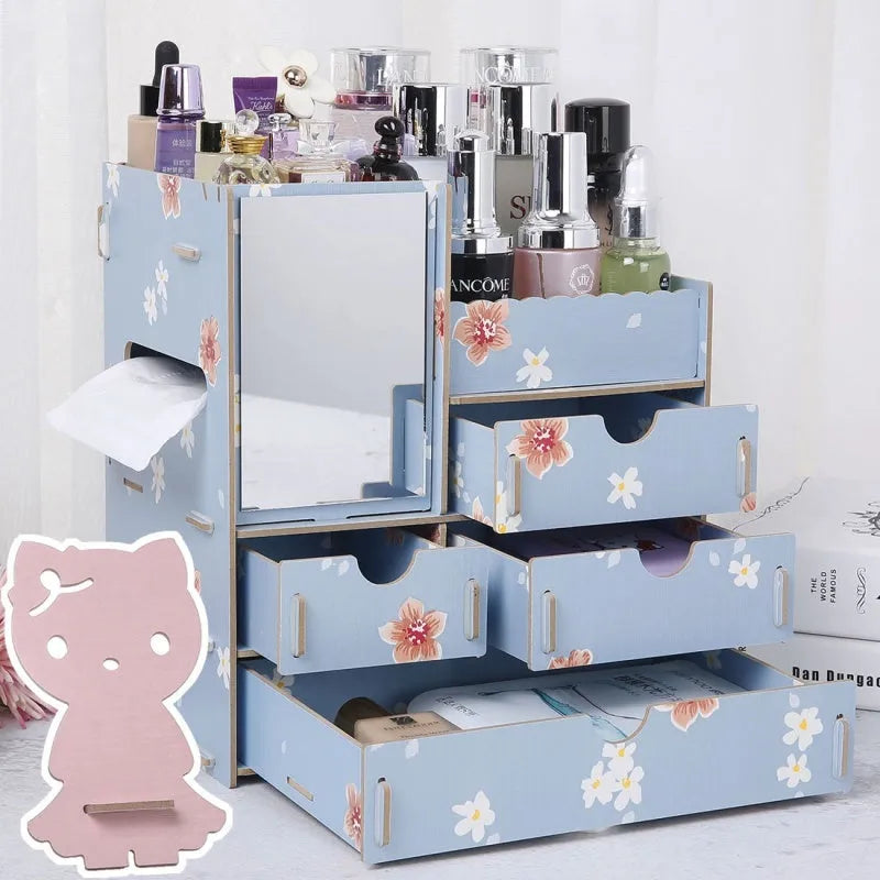 Wooden tabletop cosmetic storage box with internal compartments shown in a selection of colour options.