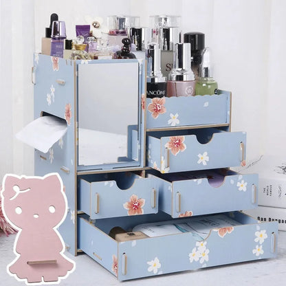 Wooden tabletop cosmetic storage box with internal compartments shown in a selection of colour options.