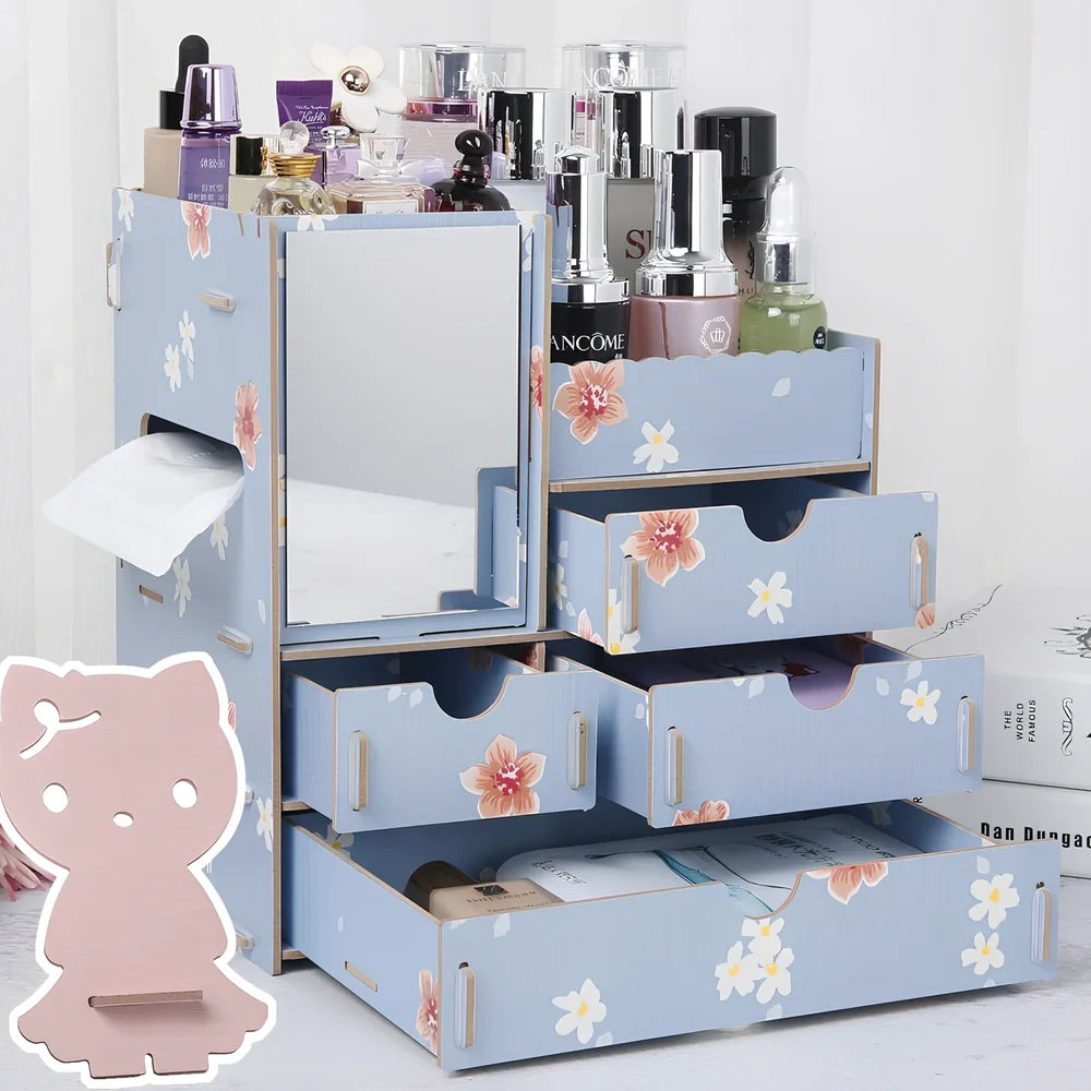 Wooden cosmetic storage box with six compartments and one drawer, cartoon pattern, 25cm wide