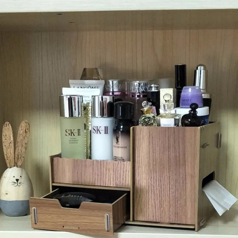 Wooden tabletop cosmetic storage box with internal compartments shown in a selection of colour options.