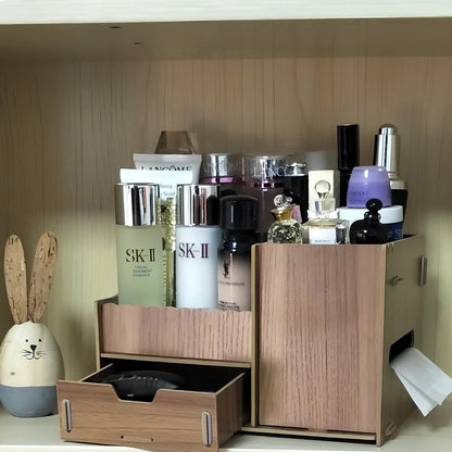 Wooden cosmetic storage box with six compartments and one drawer, cartoon pattern, 25cm wide