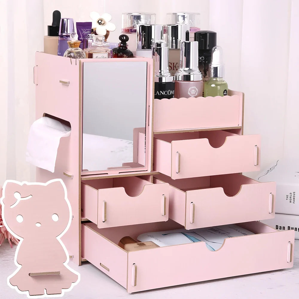 Wooden cosmetic storage box with six compartments and one drawer, cartoon pattern, 25cm wide