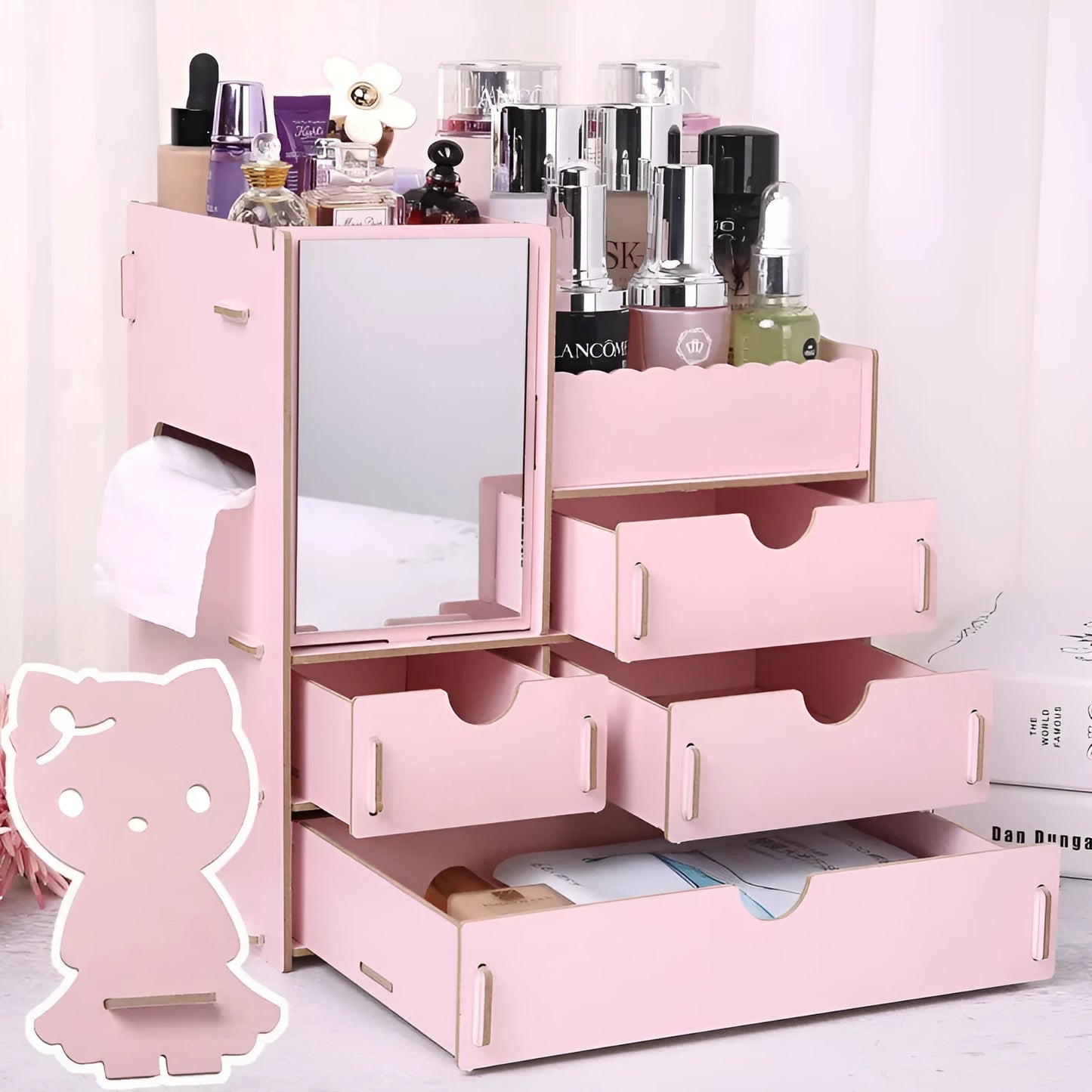 Wooden tabletop cosmetic storage box with internal compartments shown in a selection of colour options.