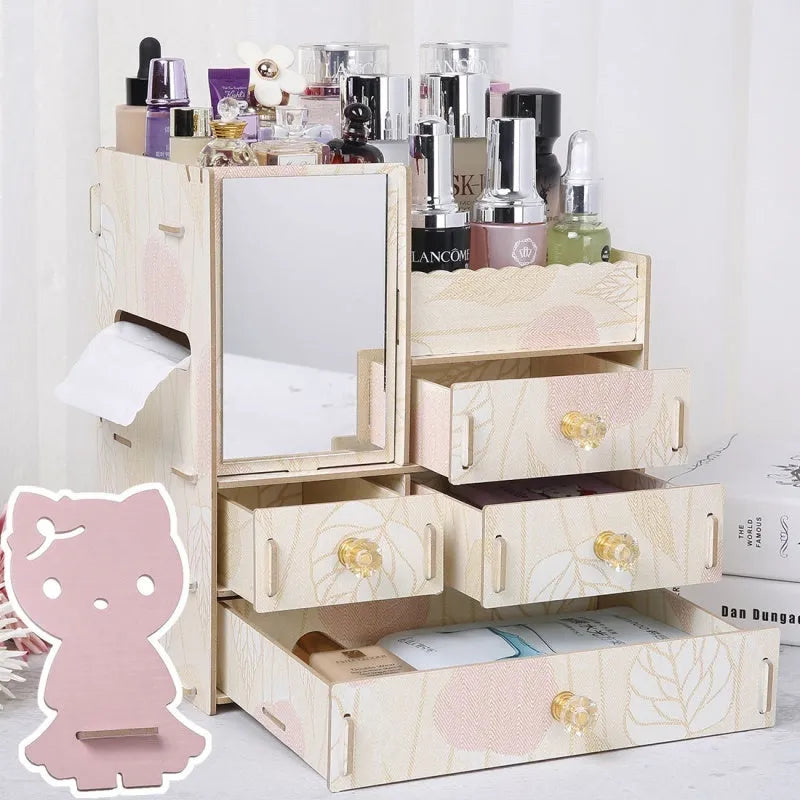Wooden tabletop cosmetic storage box with internal compartments shown in a selection of colour options.