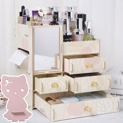 Wooden tabletop cosmetic storage box with internal compartments shown in a selection of colour options.