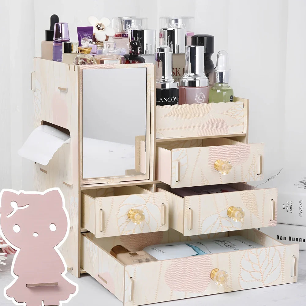Wooden cosmetic storage box with six compartments and one drawer, cartoon pattern, 25cm wide