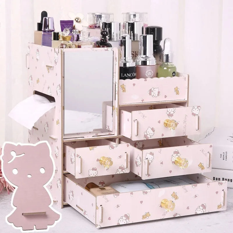 Wooden tabletop cosmetic storage box with internal compartments shown in a selection of colour options.