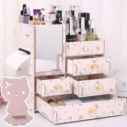Wooden cosmetic storage box with six compartments and one drawer, cartoon pattern, 25cm wide