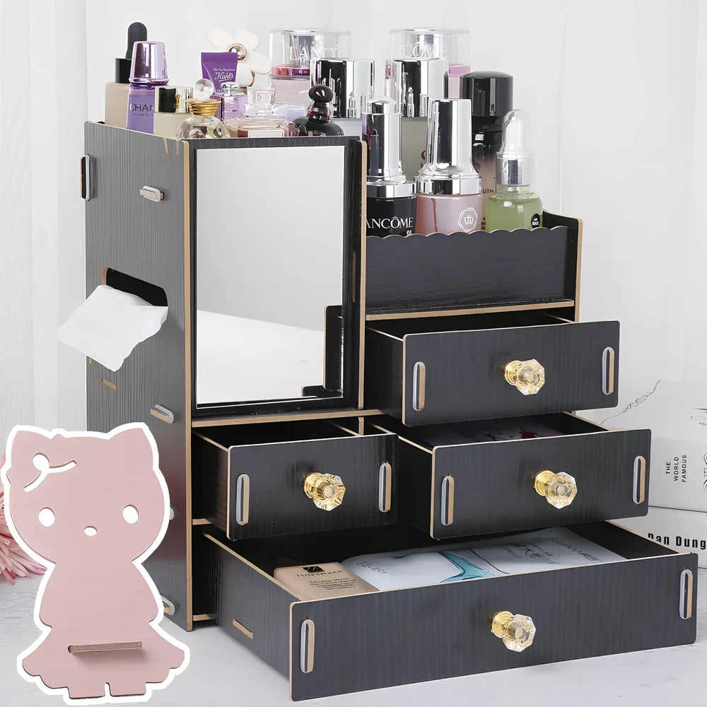 Wooden cosmetic storage box with six compartments and one drawer, cartoon pattern, 25cm wide