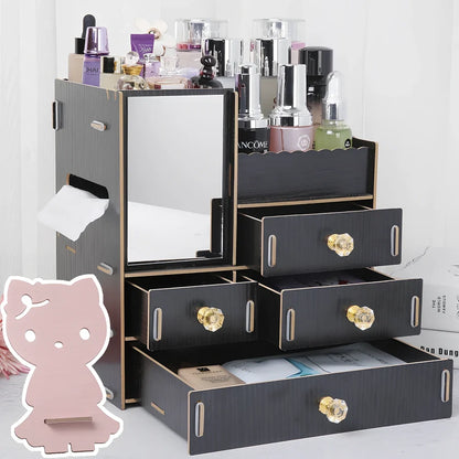Wooden cosmetic storage box with six compartments and one drawer, cartoon pattern, 25cm wide