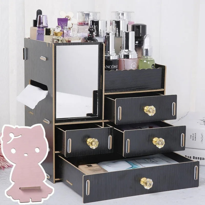 Wooden tabletop cosmetic storage box with internal compartments shown in a selection of colour options.
