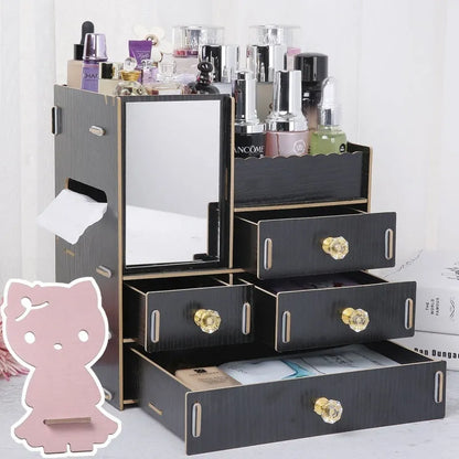Wooden tabletop cosmetic storage box with internal compartments shown in a selection of colour options.