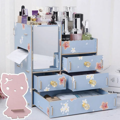 Wooden tabletop cosmetic storage box with internal compartments shown in a selection of colour options.