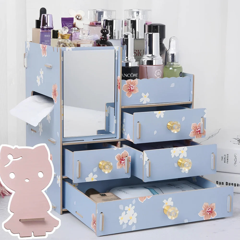 Wooden cosmetic storage box with six compartments and one drawer, cartoon pattern, 25cm wide