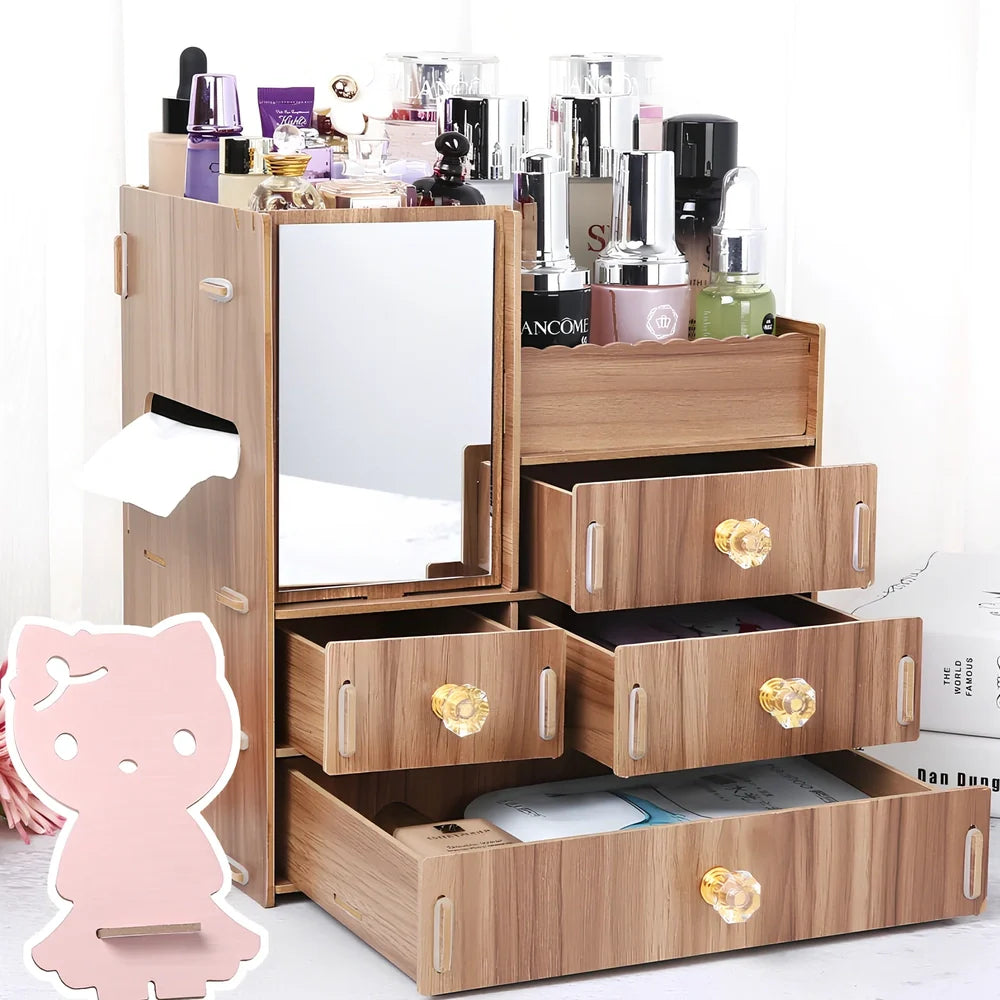 Wooden cosmetic storage box with six compartments and one drawer, cartoon pattern, 25cm wide