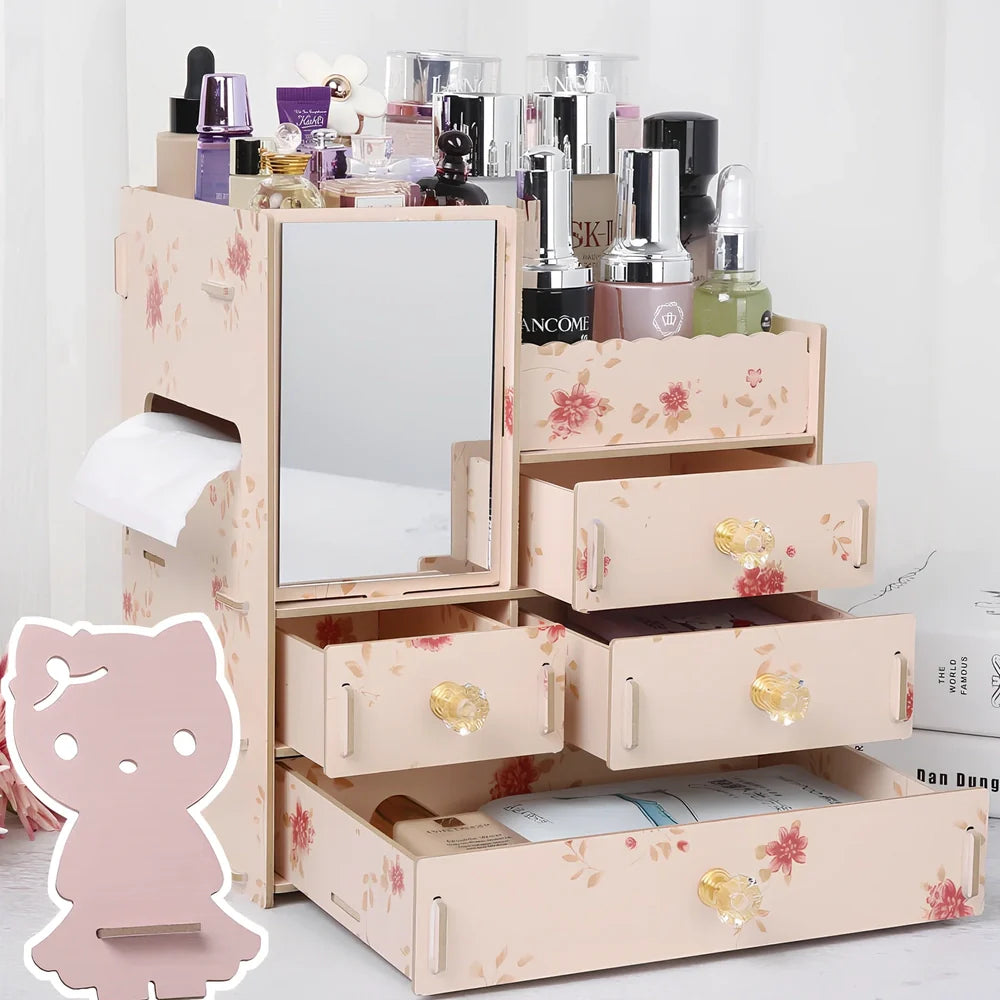 Wooden cosmetic storage box with six compartments and one drawer, cartoon pattern, 25cm wide
