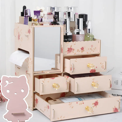 Wooden cosmetic storage box with six compartments and one drawer, cartoon pattern, 25cm wide