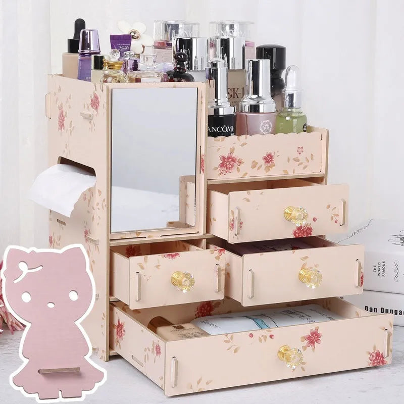 Wooden tabletop cosmetic storage box with internal compartments shown in a selection of colour options.