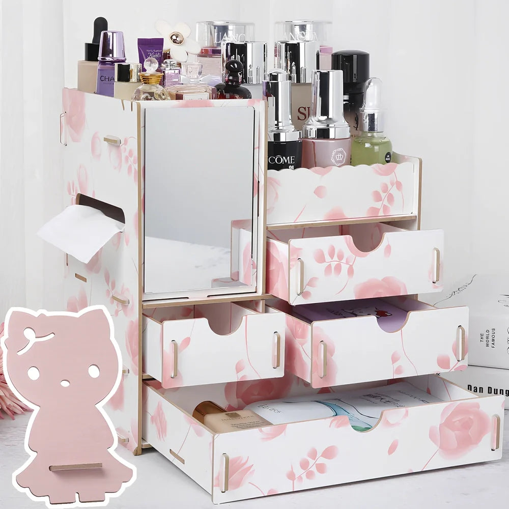 Wooden cosmetic storage box with six compartments and one drawer, cartoon pattern, 25cm wide