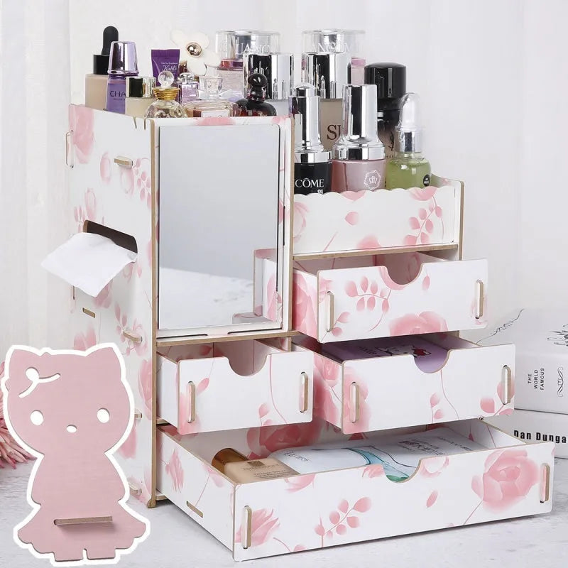 Wooden tabletop cosmetic storage box with internal compartments shown in a selection of colour options.