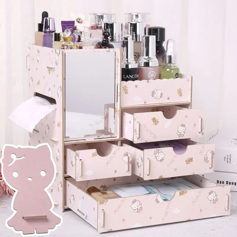 Wooden tabletop cosmetic storage box with internal compartments shown in a selection of colour options.