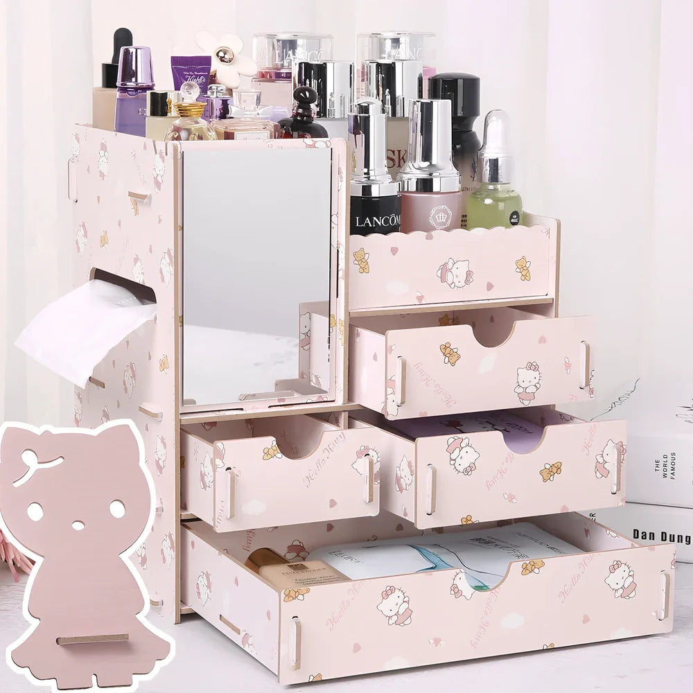 Wooden cosmetic storage box with six compartments and one drawer, cartoon pattern, 25cm wide