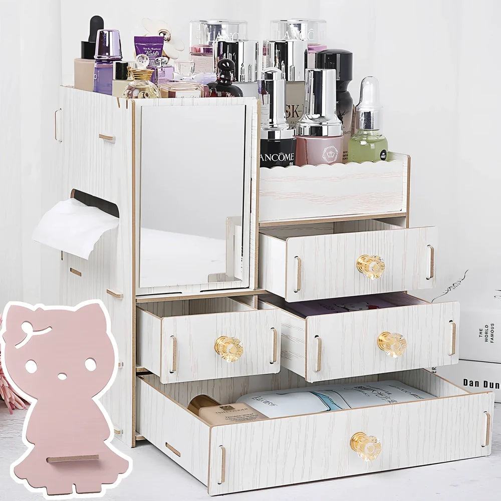 Wooden cosmetic storage box with six compartments and one drawer, cartoon pattern, 25cm wide