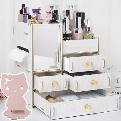 Wooden cosmetic storage box with six compartments and one drawer, cartoon pattern, 25cm wide