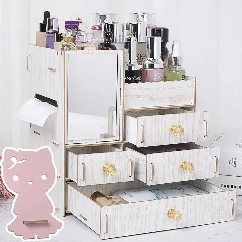 Wooden tabletop cosmetic storage box with internal compartments shown in a selection of colour options.