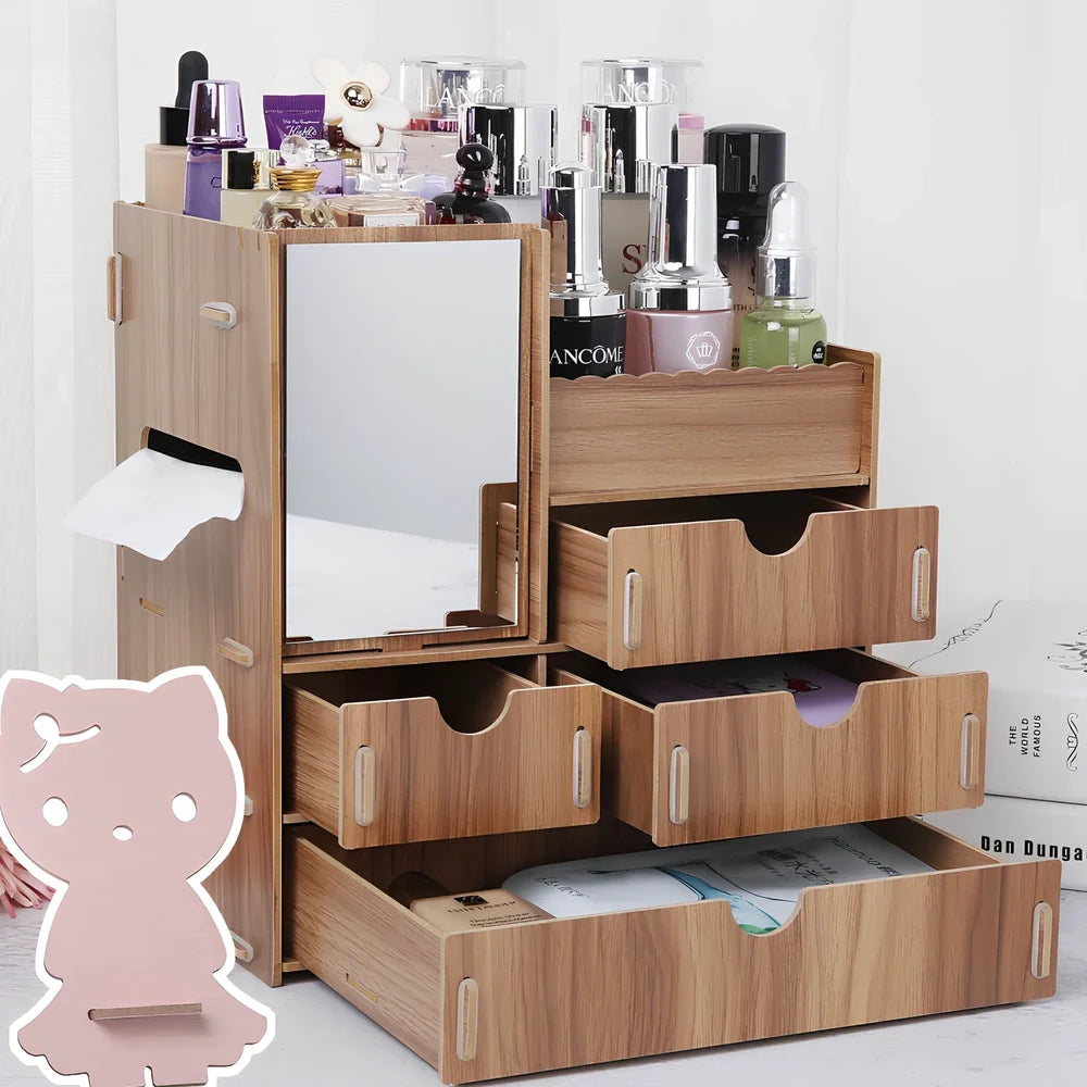 Wooden cosmetic storage box with six compartments and one drawer, cartoon pattern, 25cm wide