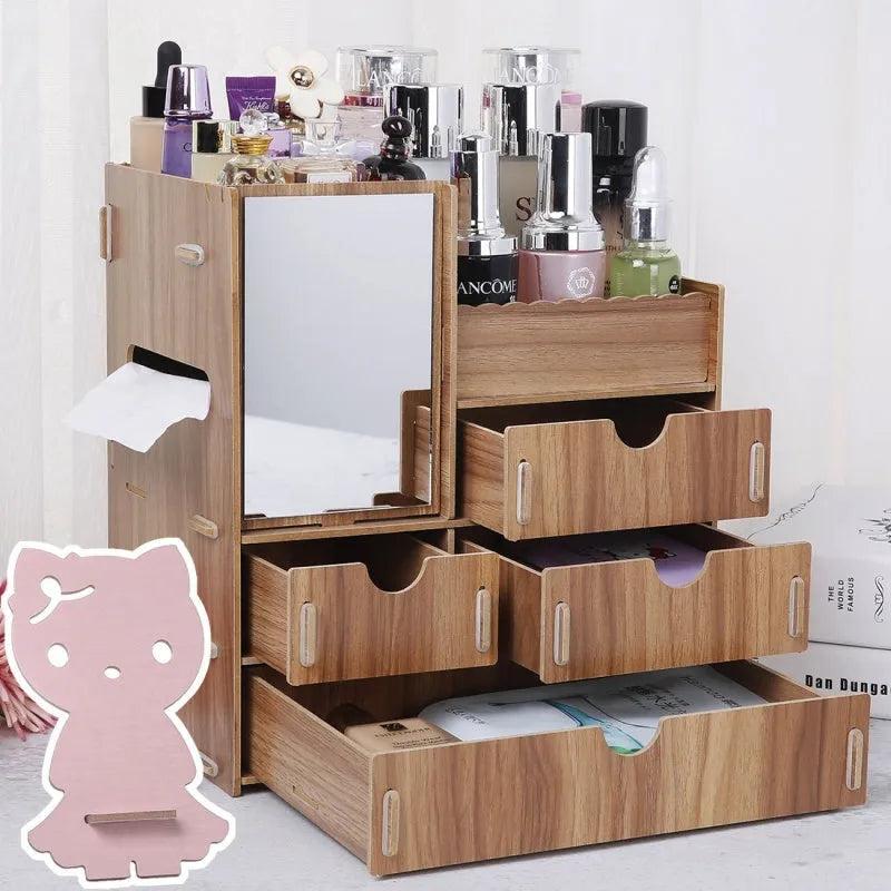 Wooden tabletop cosmetic storage box with internal compartments shown in a selection of colour options.