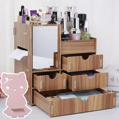 Wooden tabletop cosmetic storage box with internal compartments shown in a selection of colour options.