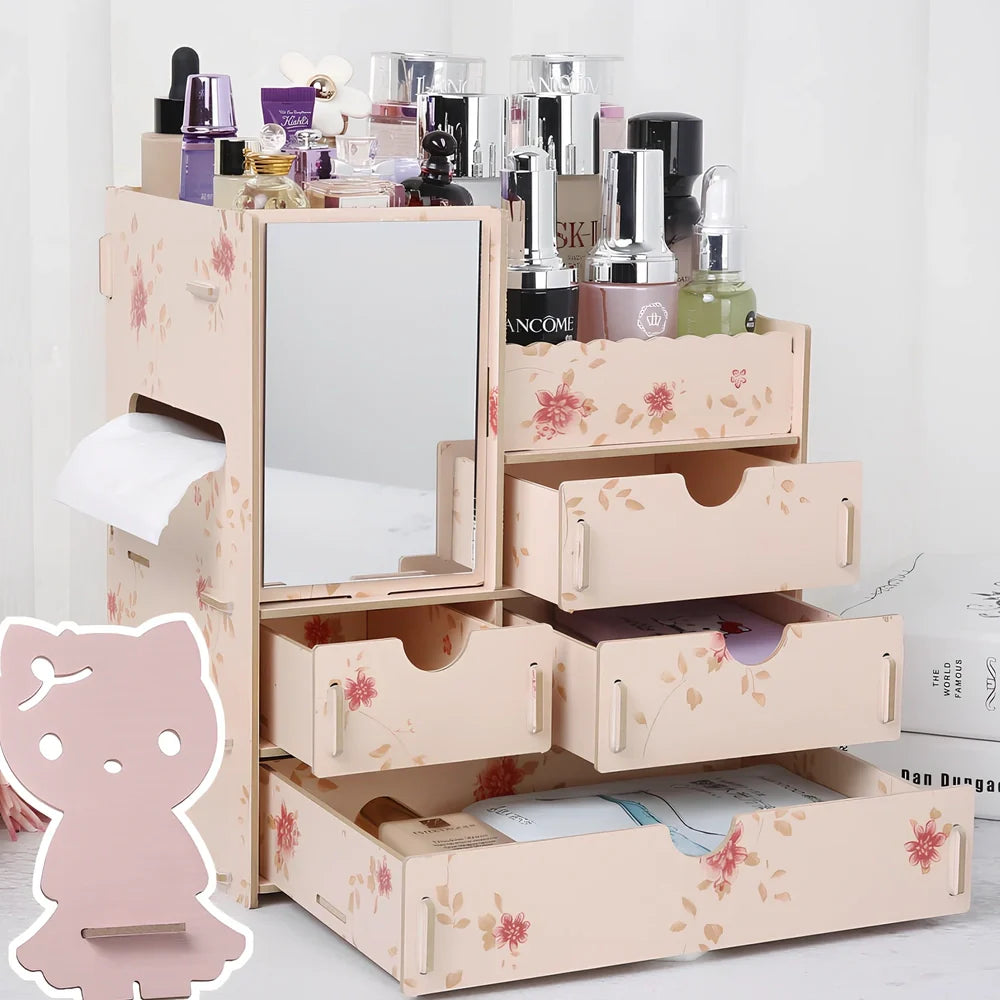 Wooden cosmetic storage box with six compartments and one drawer, cartoon pattern, 25cm wide