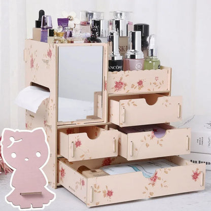 Wooden tabletop cosmetic storage box with internal compartments shown in a selection of colour options.
