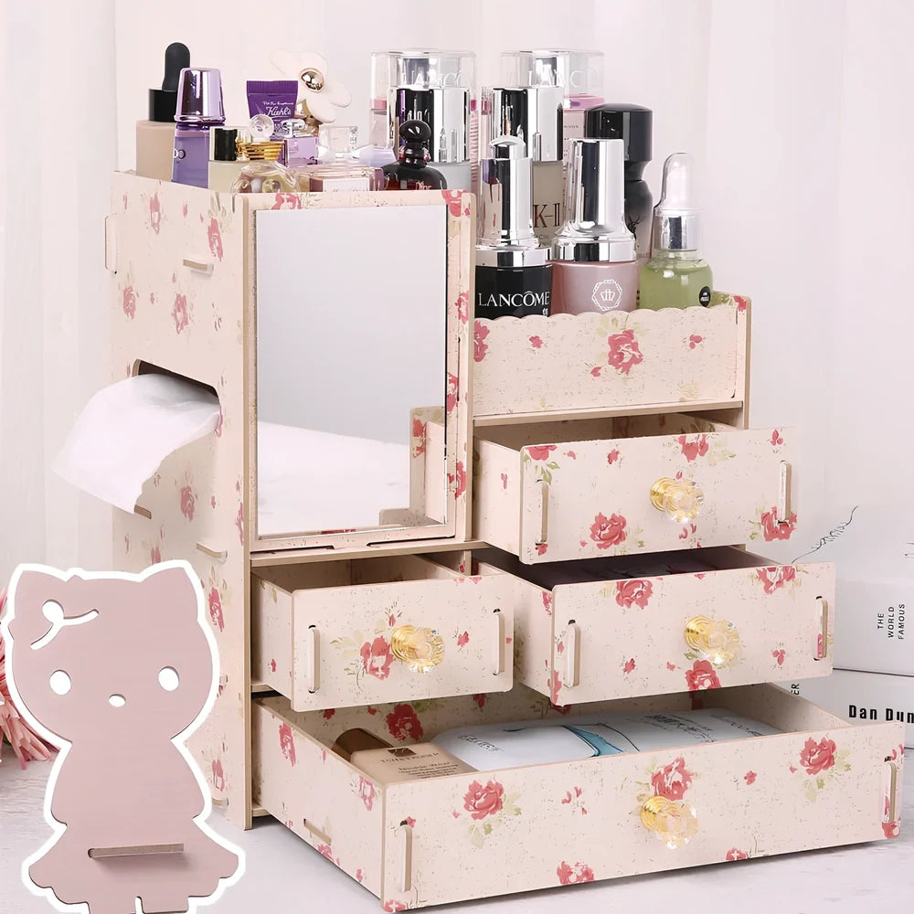 Wooden cosmetic storage box with six compartments and one drawer, cartoon pattern, 25cm wide