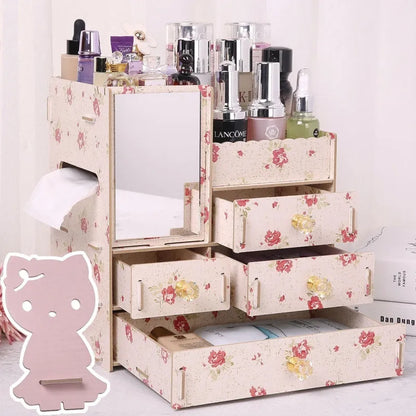 Wooden tabletop cosmetic storage box with internal compartments shown in a selection of colour options.