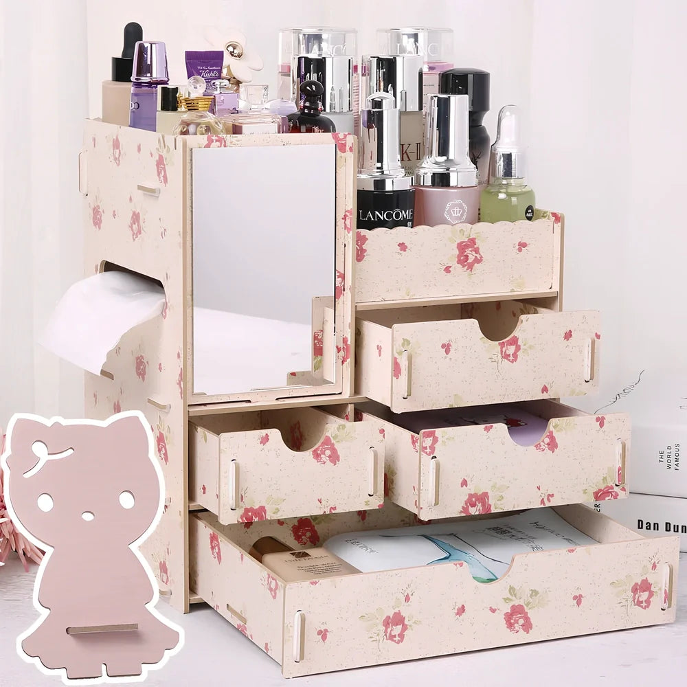 Wooden cosmetic storage box with six compartments and one drawer, cartoon pattern, 25cm wide