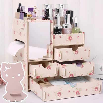 Wooden cosmetic storage box with six compartments and one drawer, cartoon pattern, 25cm wide