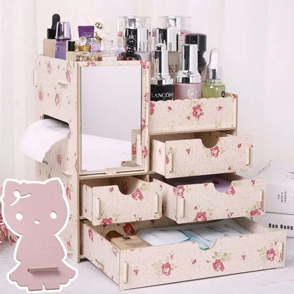 Wooden tabletop cosmetic storage box with internal compartments shown in a selection of colour options.
