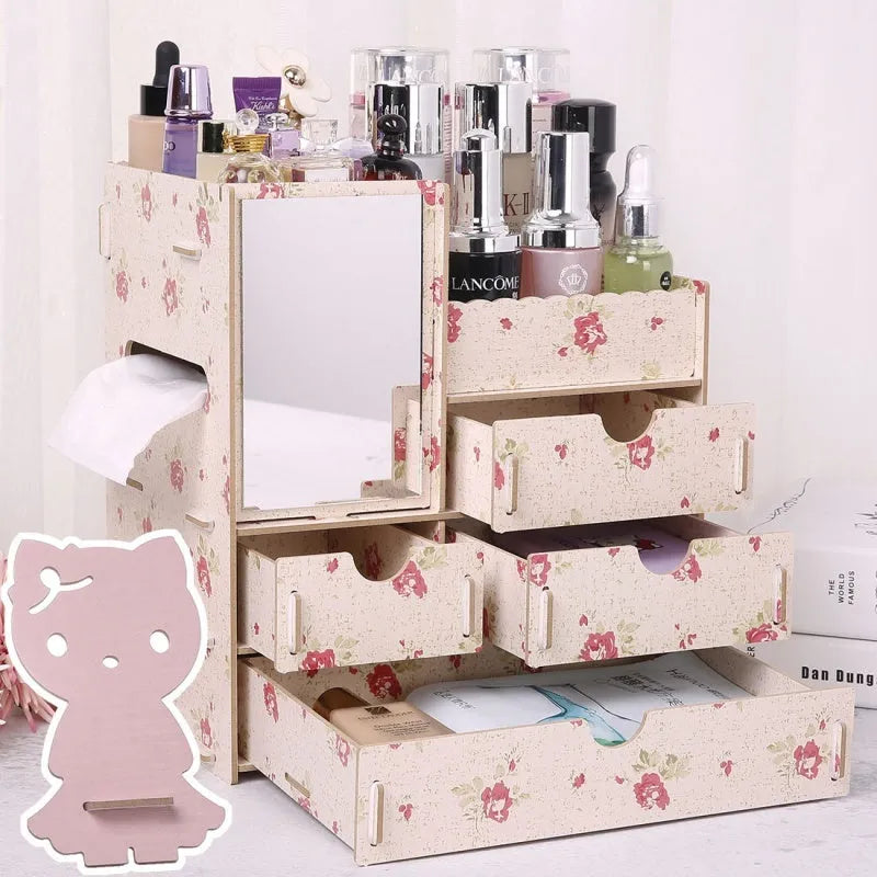 Wooden tabletop cosmetic storage box with compartments for organising make-up, jewellery, and small items on a bedroom dresser, desk, or bathroom counter, available in multiple colours including blue lotus, pink rose, and cartoon cat designs.