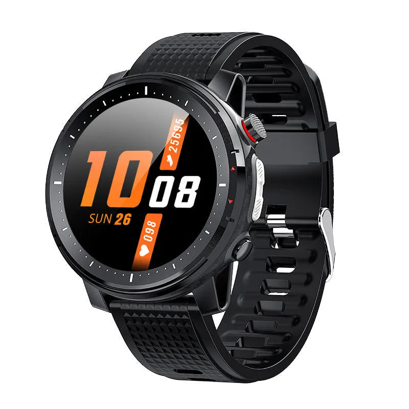 IP68 waterproof Android smartwatch for men with black silicone strap and round dial.
