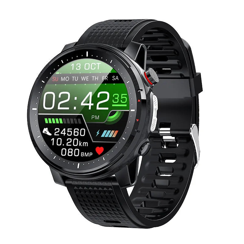 IP68 waterproof Android smartwatch for men with black silicone strap and round dial.