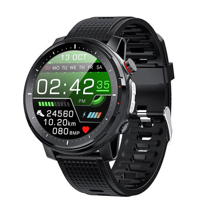 IP68 waterproof Android smartwatch for men with black silicone strap and round dial.