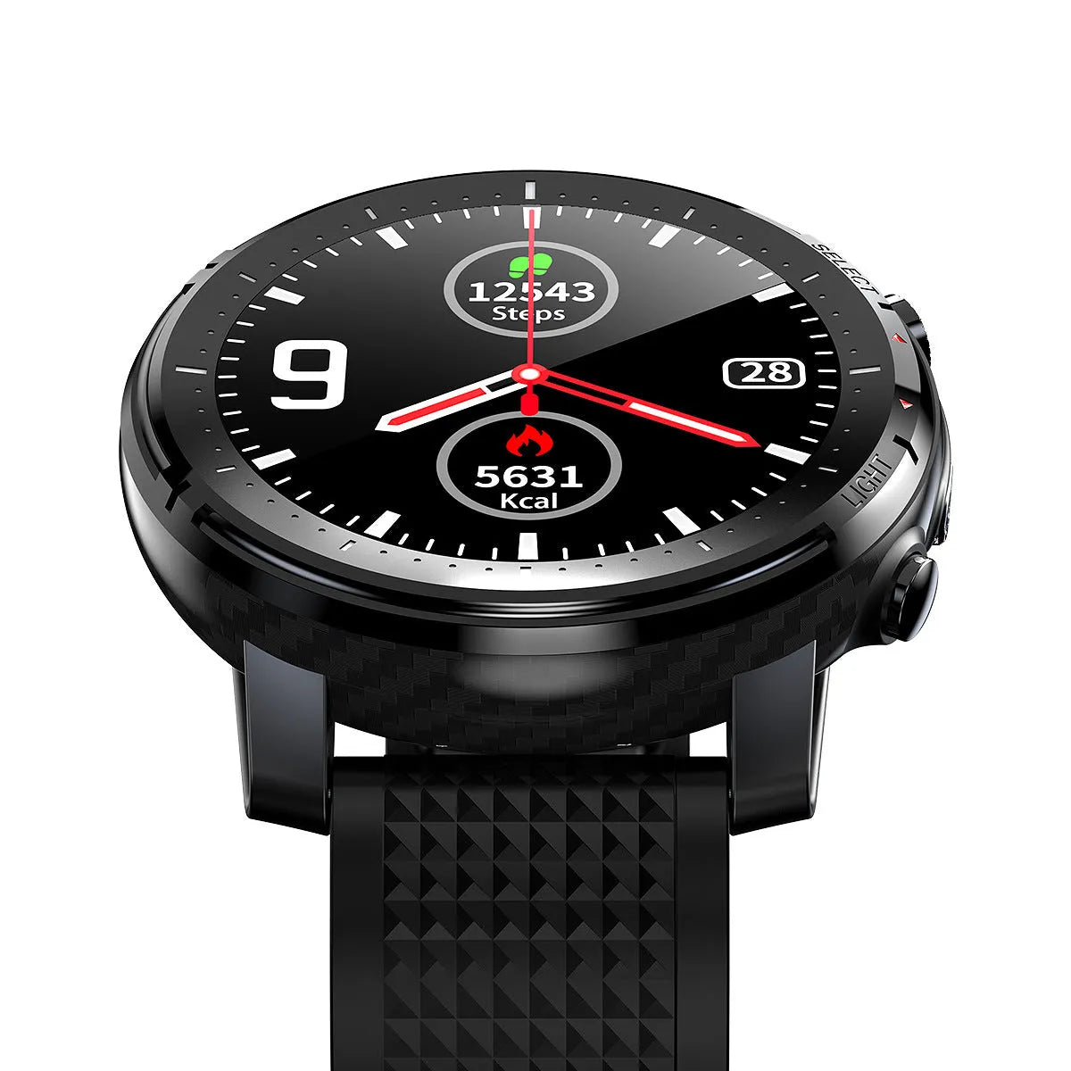 IP68 waterproof Android smartwatch for men with black silicone strap and round dial.