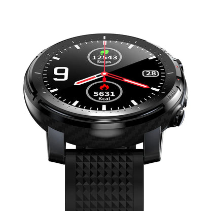 IP68 waterproof Android smartwatch for men with black silicone strap and round dial.
