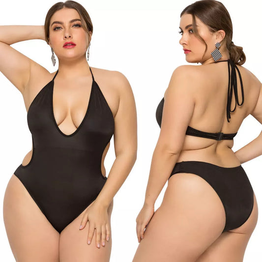 Women's black deep V-neck one-piece swimsuit with thin skirt