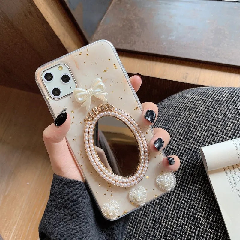 Brown marble bowknot rhinestone mirror silicone case for Apple iPhone on white background
